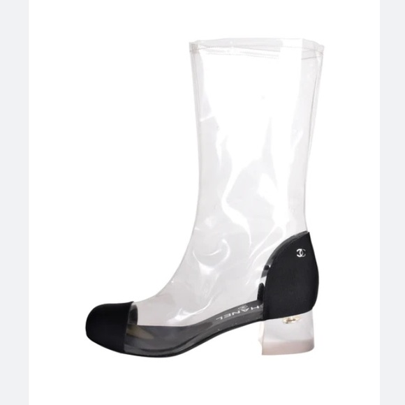 Chanel Vintage Spring Summer 2018 Transparent Black Toe Cap Lucite Heel Boots 38 - Picture 2 of 9